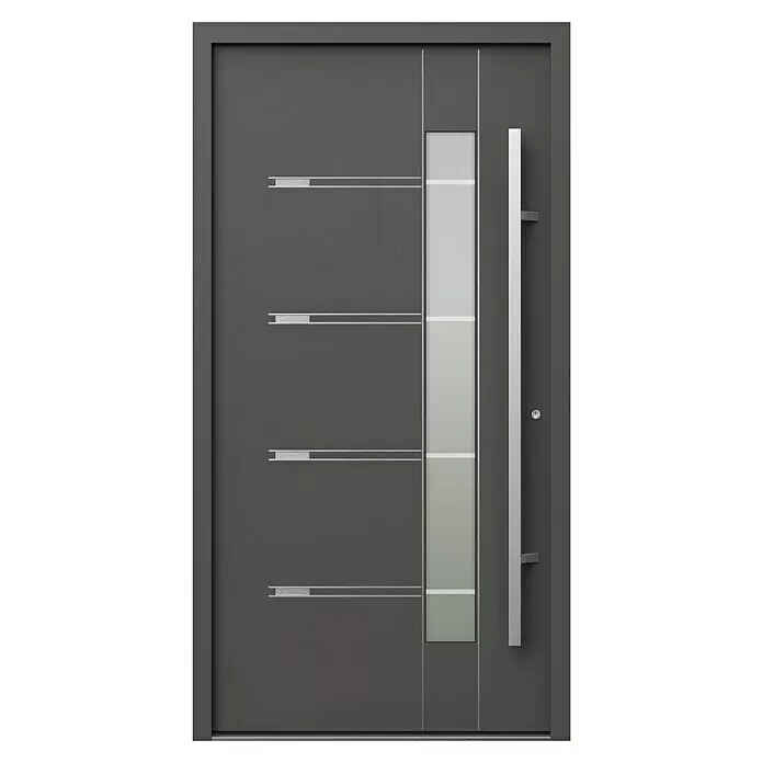Gerda Haustür Thermo Prime 75 Roma - 110 x 210 cm, DIN Anschlag: Rechts, Anthrazitgrau, Details in Edelstahl - Moderne anthrazitfarbene Haustür mit vertikaler Milchglasscheibe und horizontalen Metallakzenten, inklusive silbernem Stangengriff.