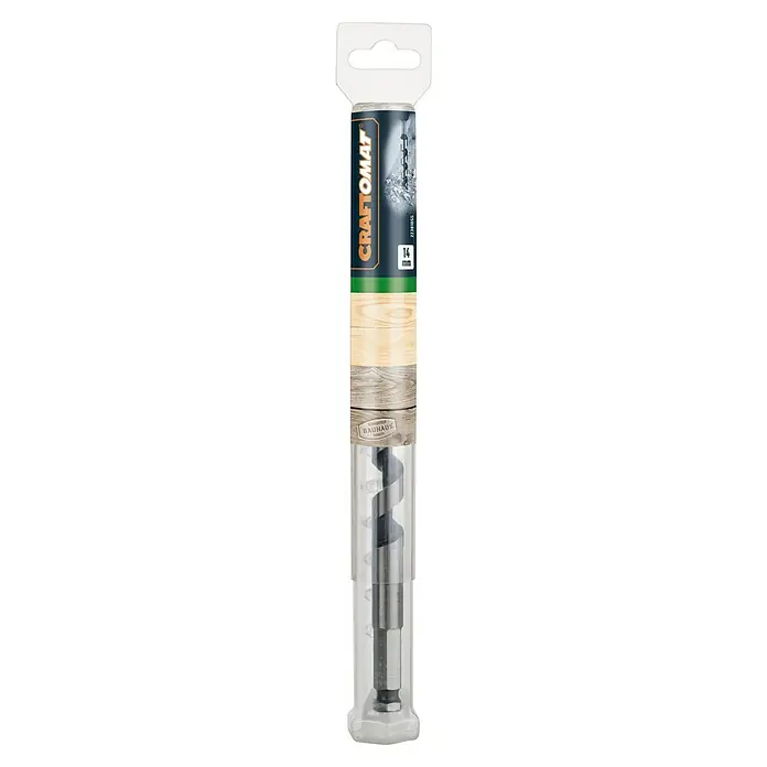 Craftomat Holzbohrer - 1 Stk., Durchmesser Bohrer: 14 mm, Arbeitslänge: 160 mm - Ein Craftomat 14mm Holzbohrer, verpackt in einer transparenten Kunststoffhülle mit Aufhänger. Ideal für präzise Bohrarbeiten.
