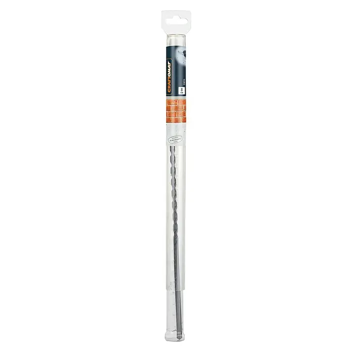 Craftomat Beton- & Steinbohrer - Durchmesser Bohrer: 8 mm, Länge: 400 mm - Abgebildet ist ein 8 mm Steinbohrer der Marke Craftomat in einer transparenten Kunststoffverpackung mit Bauhaus-Logo und Aufhängevorrichtung.