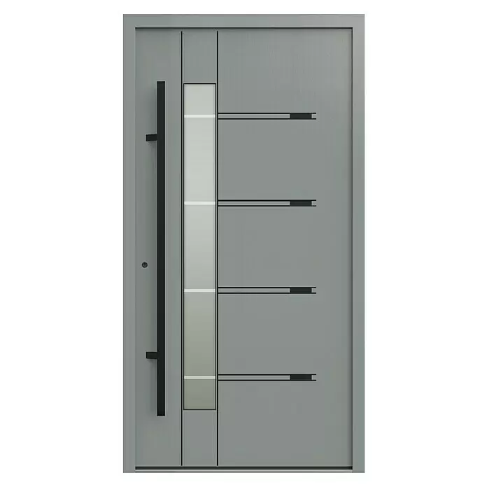Gerda Haustür Thermo Prime 75 Roma - 110 x 210 cm, DIN Anschlag: Links, Grau, Schwarze Details - Moderne graue Eingangstür mit langem schwarzem Griff, vertikalem Glaseinsatz und horizontalen schwarzen Akzenten.