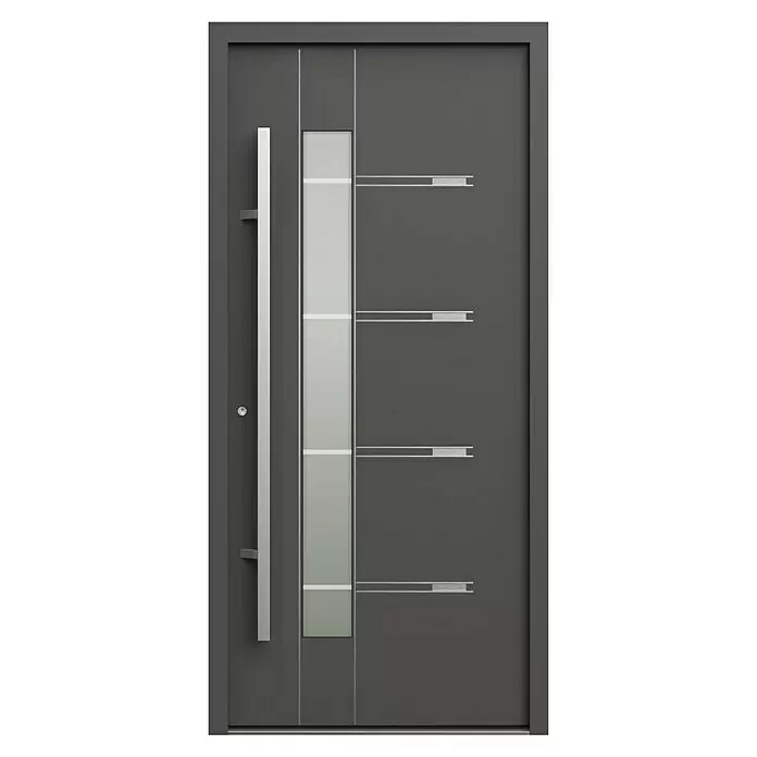 Gerda Haustür Thermo Prime 75 Roma - 100 x 210 cm, DIN Anschlag: Links, Anthrazitgrau, Details in Edelstahl - Moderne dunkelgraue Haustür mit vertikalem Glaseinsatz, langem Silbergriff und horizontalen Zierleisten.