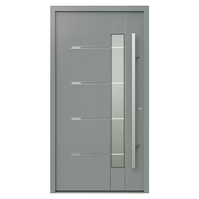 Gerda Haustür Thermo Prime 75 Roma - 110 x 210 cm, DIN Anschlag: Rechts, Grau, Details in Edelstahl - Moderne graue Eingangstür mit vier horizontalen Metallstreifen, vertikaler Milchglasscheibe und langem vertikalem Stangengriff.