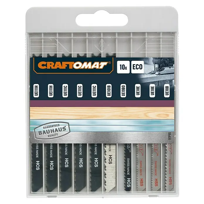Craftomat Stichsägeblatt-Set - Holz/Metall/Kunststoff, 10 -tlg., U-Schaft - Bild einer Packung Craftomat Stichsägeblätter, 10 Stück, für verschiedene Materialien, inklusive Holz und Metall.\n