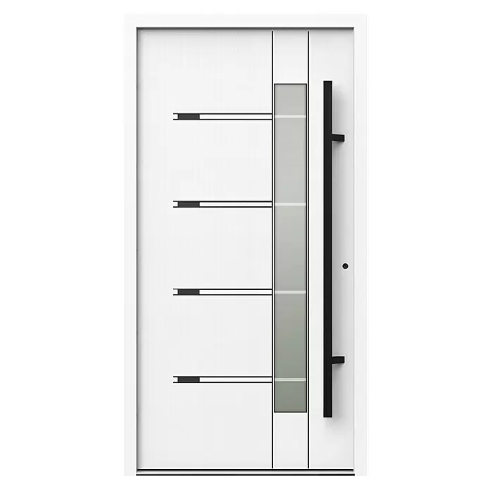 Gerda Haustür Thermo Prime 75 Roma - 110 x 210 cm, DIN Anschlag: Rechts, Weiß, Schwarze Details - Moderne weiße Eingangstür mit horizontalen schwarzen Akzenten, vertikaler Glasscheibe und schwarzem Griff.