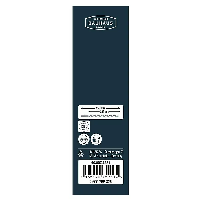Craftomat Broca para madera - 1 ud., Diámetro de la broca: 16 mm, Longitud de trabajo: 360 mm - Imagen de un embalaje de BAUHAUS con información de broca, consejos de seguridad y código de barras.