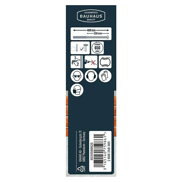 Craftomat Beton- & Steinbohrer - Durchmesser Bohrer: 8 mm, Länge: 400 mm - Abbildung einer Bohrerverpackung mit Sicherheitsanweisungen und Barcode, die die Marke Bauhaus hervorhebt.