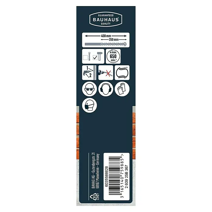 Craftomat Beton- & Steinbohrer - Durchmesser Bohrer: 12 mm, Länge: 400 mm - Informationen zum Bohrersatz mit Bauhaus Qualitätsgarantie, Größenangaben, Drehzahlinformationen und Sicherheitshinweise.