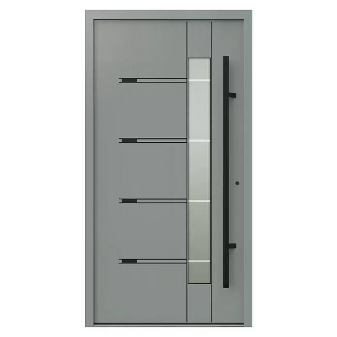 Gerda Haustür Thermo Prime 75 Roma - 110 x 210 cm, DIN Anschlag: Rechts, Grau, Schwarze Details - Moderne graue Eingangstür mit vertikaler Glasscheibe und schwarzem Griff.