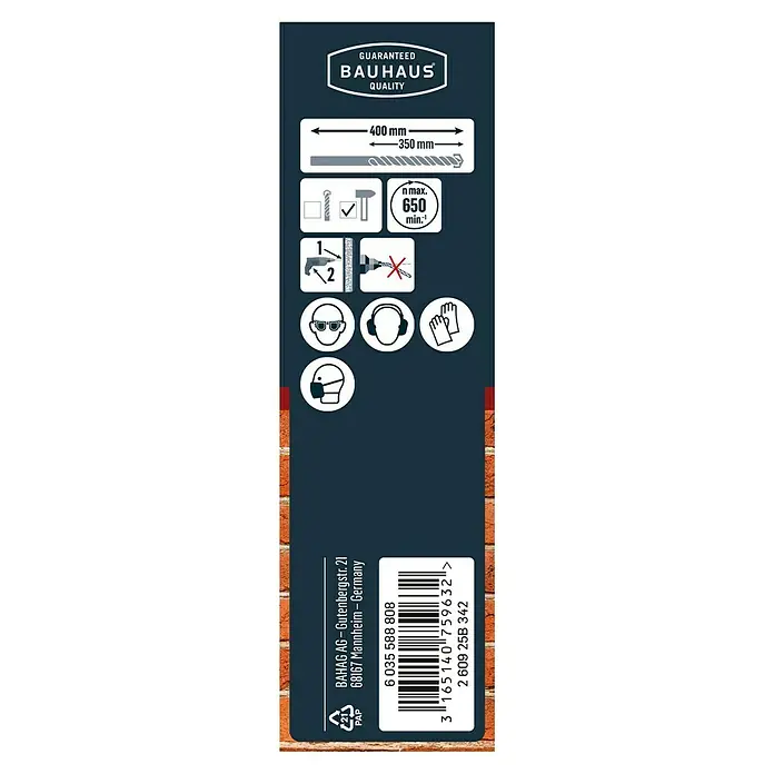 Craftomat Broca para hormigón y mampostería - 1 ud., Diámetro de la broca: 8 mm, Largo: 400 mm - Embalaje del producto con garantía de calidad Bauhaus, dimensiones, precauciones de seguridad y código de barras.