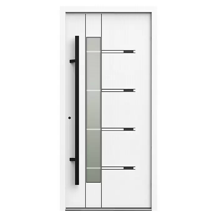 Gerda Haustür Thermo Prime 75 Roma - 100 x 210 cm, DIN Anschlag: Links, Weiß, Schwarze Details - Moderne weiße Tür mit langem schwarzem Griff, vertikalem Milchglaseinsatz und schwarzen Querstreifen.