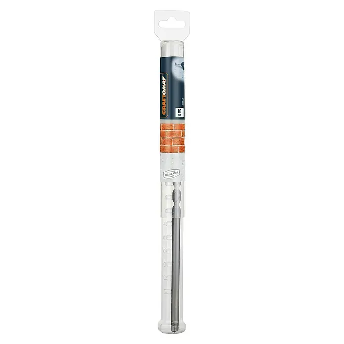 Craftomat Beton- & Steinbohrer - Durchmesser Bohrer: 10 mm, Länge: 300 mm - Eine Nahaufnahme eines 10mm Craftomat Steinbohrers in einer transparenten Verpackung, ideal für präzise Bohrarbeiten in Stein und Mauerwerk.