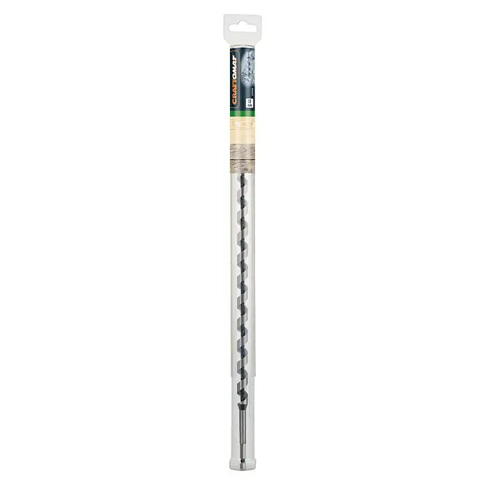 Craftomat Holzbohrer - 1 Stk., Durchmesser Bohrer: 12 mm, Arbeitslänge: 360 mm - Das Bild zeigt einen 12 mm Craftomat Holzspiralbohrer in einer transparenten Verpackung. Ideal für präzise Bohrlöcher in Holz.
