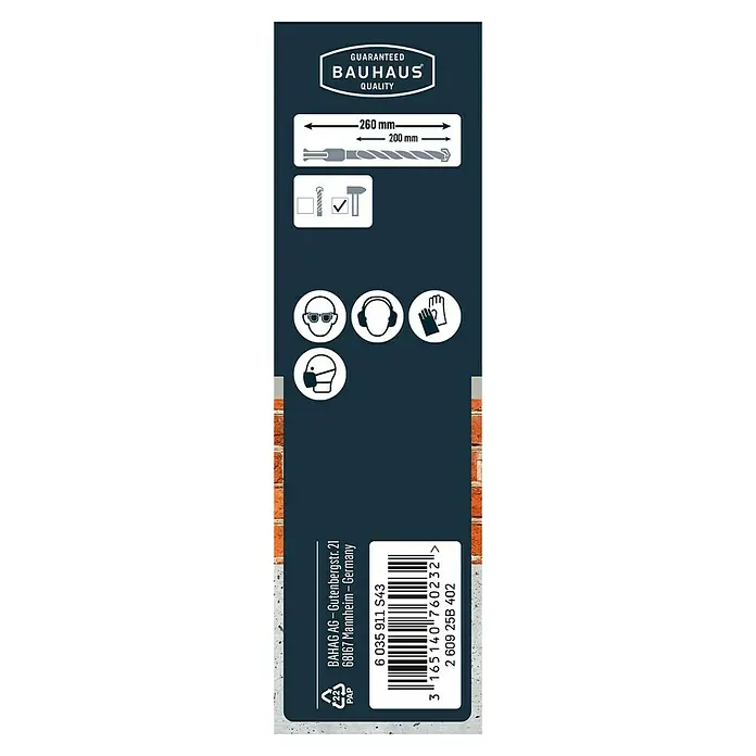 Craftomat Broca para hormigón SDS-Plus - Largo: 260 mm, Diámetro de la broca: 18 mm - Imagen de la broca Bauhaus, con dimensiones de 260 mm y 200 mm, junto con precauciones de seguridad e información del producto.