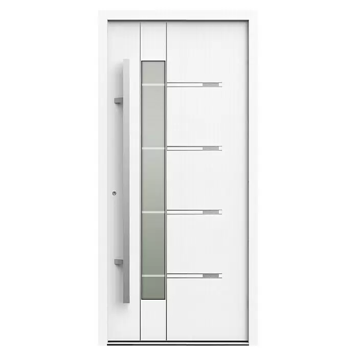 Gerda Haustür Thermo Prime 75 Roma - 100 x 210 cm, DIN Anschlag: Links, Weiß, Details in Edelstahl - Moderne weiße Eingangstür mit vertikalem Glaseinsatz und markanten Metalldetails.