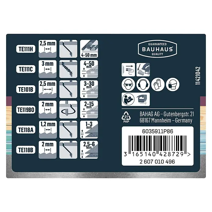 Craftomat Stichsägeblatt-Set - Holz/Metall/Kunststoff, 10 -tlg., T-Schaft - Detailansicht einer Bauhaus-Produktverpackung mit Informationen zu Sägeblättern, Sicherheitsvorkehrungen und Barcode.