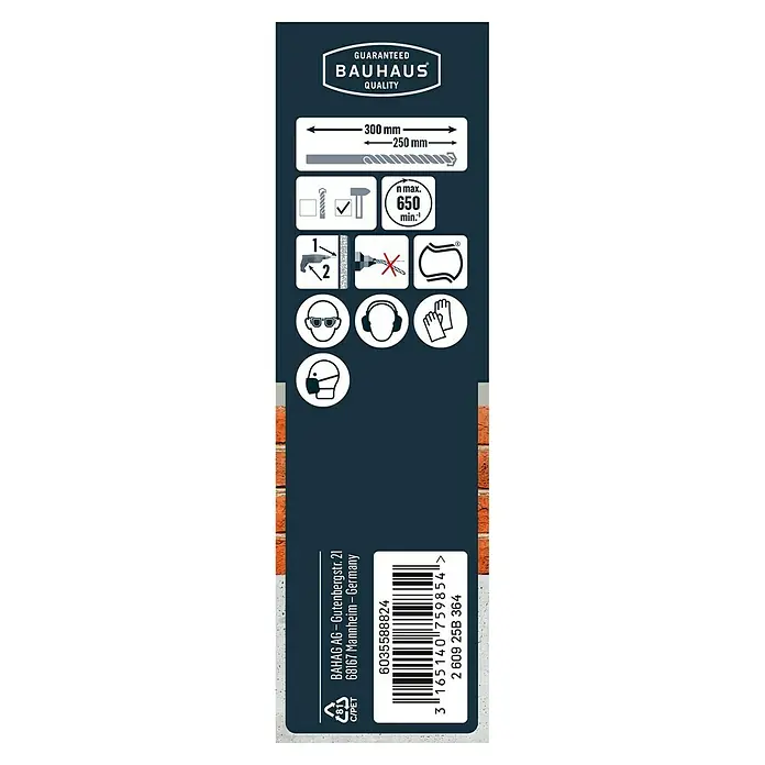 Craftomat Broca para hormigón y mampostería - Diámetro de la broca: 10 mm, Largo: 300 mm - Imagen de la etiqueta del producto de calidad Bauhaus con longitud de broca, instrucciones de seguridad y código de barras para una perforación fiable.