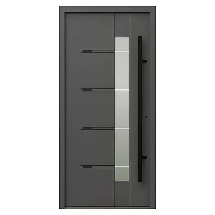 Gerda Haustür Thermo Prime 75 Roma - 100 x 210 cm, DIN Anschlag: Rechts, Anthrazitgrau, Schwarze Details - Moderne anthrazitfarbene Haustür mit vertikaler Milchglasscheibe, horizontalen Akzenten und schwarzem Stangengriff.