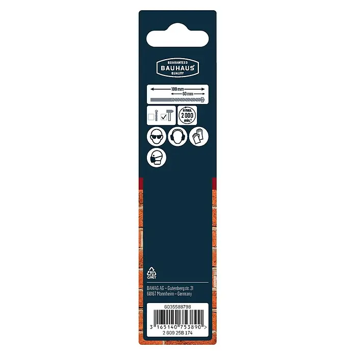 Craftomat Beton- & Steinbohrer - 1 Stk., Durchmesser Bohrer: 6 mm, Länge: 100 mm - Verpackung einer BAUHAUS-Bohrer-Serie mit den wichtigsten Produkteigenschaften und Sicherheitshinweisen für den korrekten Gebrauch.
