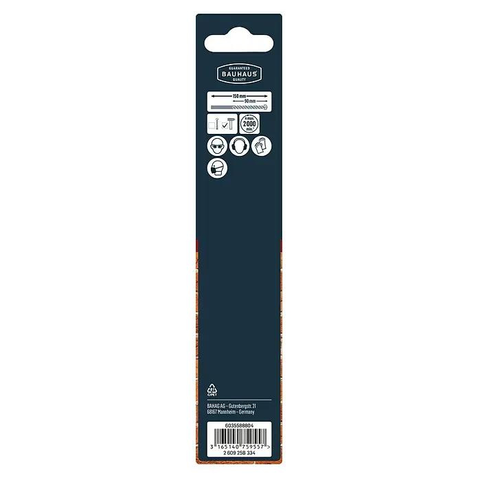 Craftomat Beton- & Steinbohrer - 1 Stk., Durchmesser Bohrer: 12 mm, Länge: 150 mm - Produktverpackung mit Angaben zu Größe, Sicherheitshinweisen und Barcode.