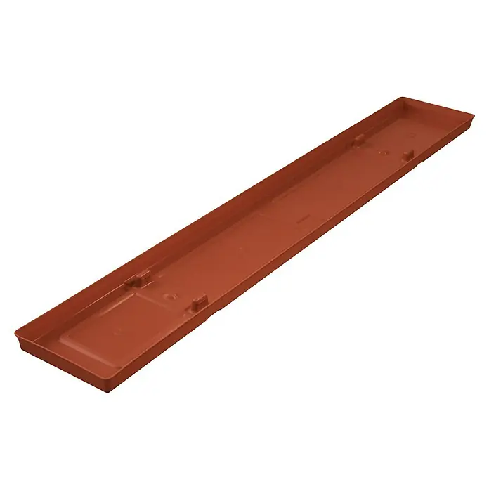 Geli Balkonkasten-Untersetzer Toscana - Länge: 100 cm, Terracotta - Aufnahme eines länglichen, terrakottafarbenen Untersetzers für Pflanzgefäße, der sich ideal für Fensterbänke oder schmale Regale eignet.