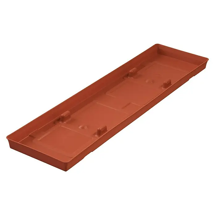 Geli Balkonkasten-Untersetzer Toscana - Länge: 60 cm, Terracotta - Bild einer länglichen, braunen Pflanzkasten-Unterlage mit erhöhten Füßen und rechteckigen Vertiefungen.