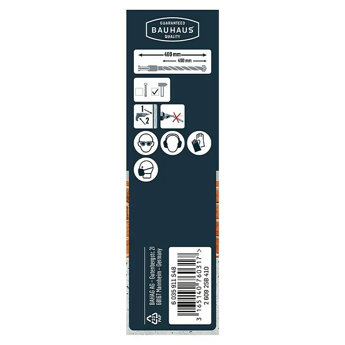 Craftomat Broca para hormigón SDS-Plus - Largo: 460 mm, Diámetro de la broca: 20 mm - Imagen de un embalaje de broca Bauhaus con dimensiones, instrucciones de seguridad e información del fabricante.