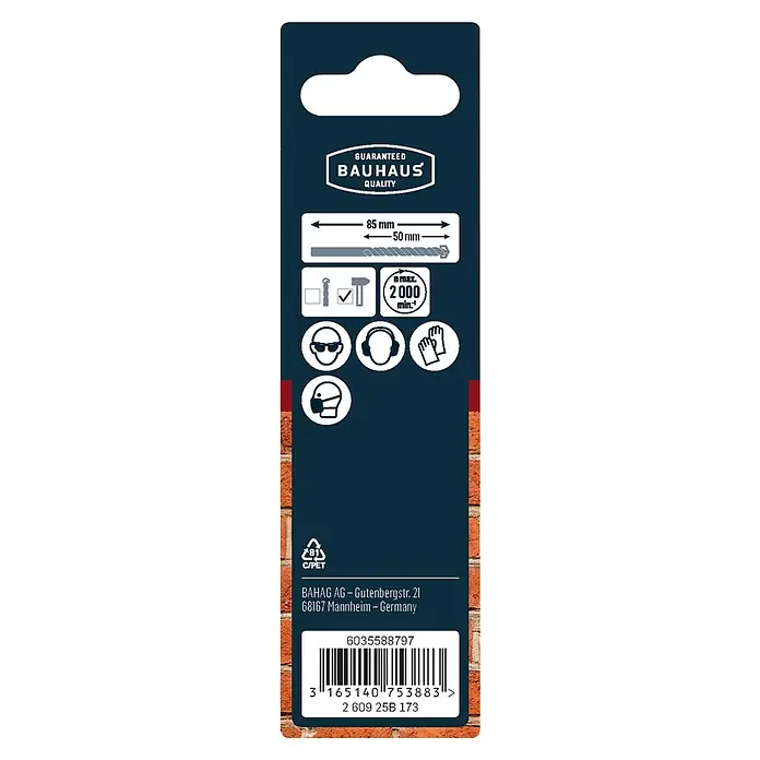 Craftomat Beton- & Steinbohrer - 1 Stk., Durchmesser Bohrer: 5 mm, Länge: 85 mm - Produktverpackung mit Produktdetails, Sicherheitsinformationen, Barcode und Herstellerangaben.