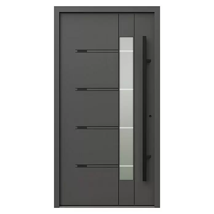 Gerda Haustür Thermo Prime 75 Roma - 110 x 210 cm, DIN Anschlag: Rechts, Anthrazitgrau, Schwarze Details - Moderne dunkelgraue Haustür mit vertikalem Mehrscheiben-Glaseinsatz, vier horizontalen Zierstreifen und langem schwarzem Stangengriff.