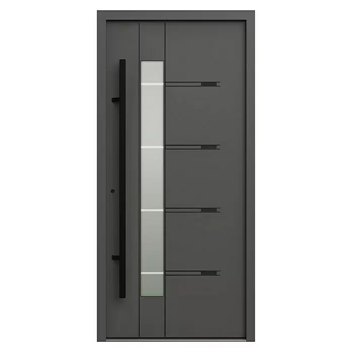 Gerda Haustür Thermo Prime 75 Roma - 100 x 210 cm, DIN Anschlag: Links, Anthrazitgrau, Schwarze Details - Moderne dunkelgraue Eingangstür mit vertikalem Milchglaseinsatz, schwarzem Stangengriff und vier dekorativen horizontalen Linien.