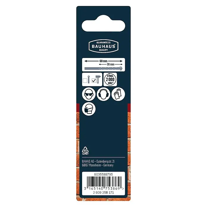 Craftomat Beton- & Steinbohrer - 1 Stk., Durchmesser Bohrer: 3 mm, Länge: 60 mm - Verpackungsinformationen für einen BAUHAUS-Bohrhammer, einschließlich Größenangaben, Sicherheitsvorkehrungen und Recyclinghinweise.