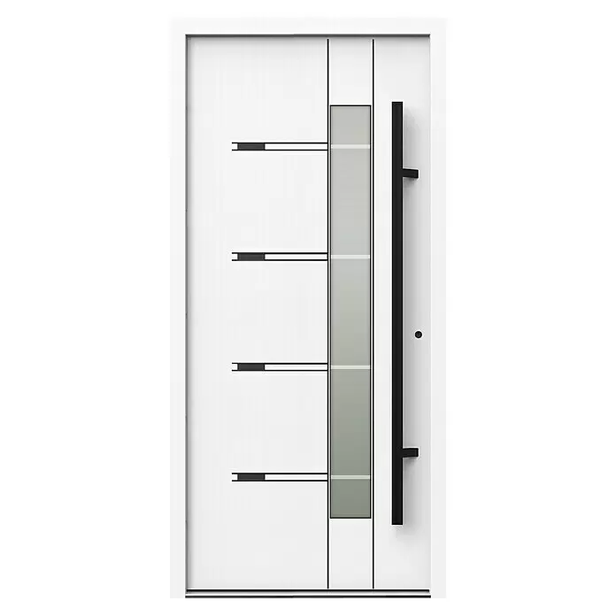 Gerda Haustür Thermo Prime 75 Roma - 100 x 210 cm, DIN Anschlag: Rechts, Weiß, Schwarze Details - Weiße moderne Tür mit vertikaler Milchglasscheibe, horizontalen schwarzen Akzenten und einem schwarzen Griff.