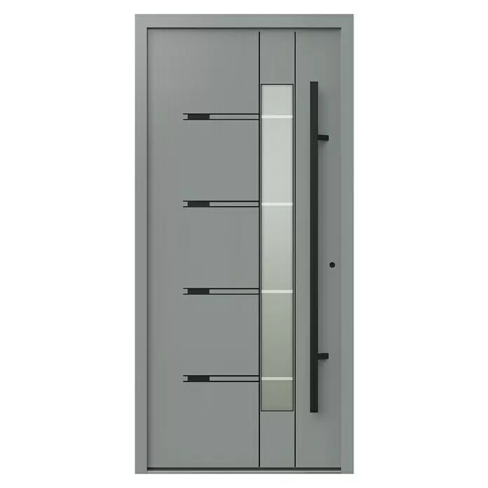 Gerda Haustür Thermo Prime 75 Roma - 100 x 210 cm, DIN Anschlag: Rechts, Grau, Schwarze Details - Moderne graue Tür mit vertikaler Milchglasscheibe, schwarzen Akzenten und langem Griff.