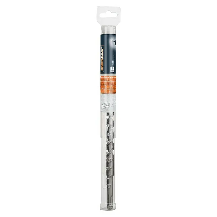 Craftomat SDS-Plus BetonbohrerLänge: 310 mm, Durchmesser Bohrer: 16 mm - Eine Craftomat SDS-Plus Hammerbohrer-Verpackung, 16mm, mit einem transparenten Gehäuse, das den Bohrer zeigt und für Mauerwerk geeignet ist.