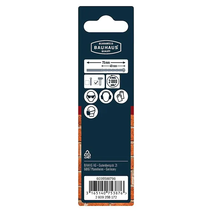 Craftomat Beton- & Steinbohrer - 1 Stk., Durchmesser Bohrer: 4 mm, Länge: 75 mm - Produktverpackung mit Informationen zu Länge, Durchmesser und Sicherheitsvorkehrungen wie Schutzbrille und Handschuhe.