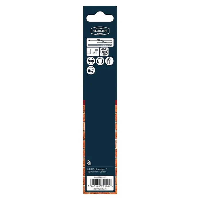 Craftomat Beton- & Steinbohrer - 1 Stk., Durchmesser Bohrer: 8 mm, Länge: 120 mm - Produktverpackung mit Informationen zu Bohrerlänge, maximaler Drehzahl und Sicherheitsvorkehrungen wie Schutzbrille und Handschuhe.