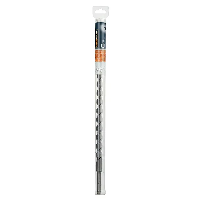 Craftomat SDS-Plus Betonbohrer - Länge: 460 mm, Durchmesser Bohrer: 20 mm - Nahaufnahme eines Craftomat Hammerbohrers mit 20 mm Durchmesser in einer transparenten Verpackung für Mauerwerk und Beton.