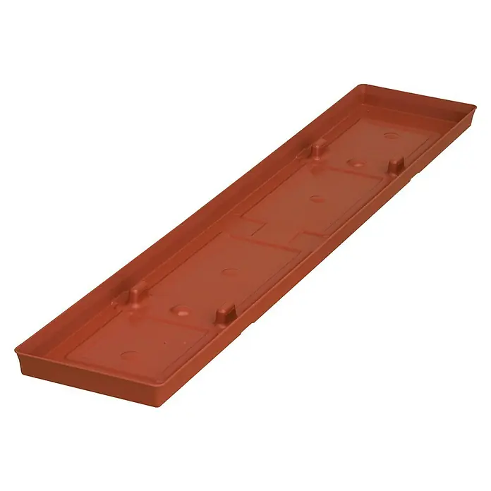 Geli Balkonkasten-Untersetzer Toscana - Länge: 80 cm, Terracotta - Aufnahme des schmalen, braunen Tabletts. Das Tablett hat eine rechteckige Form mit erhöhten Rändern und Fächern im Inneren.