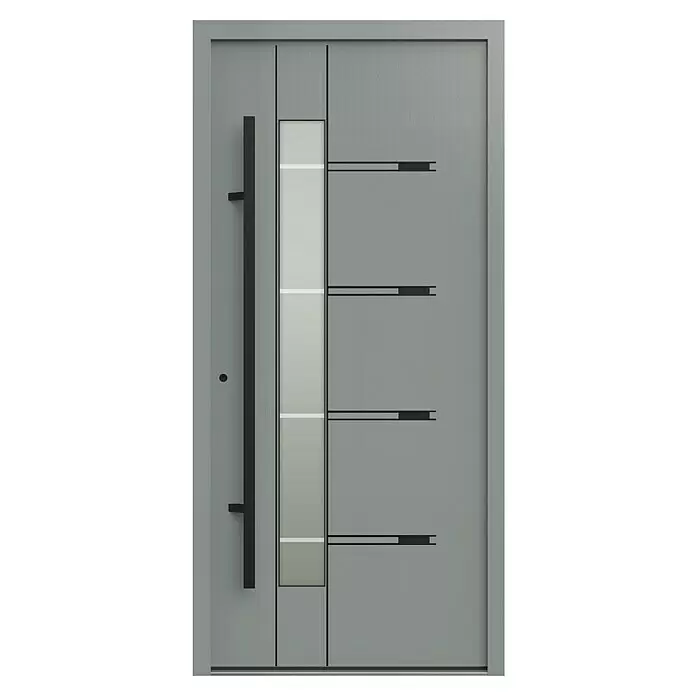 Gerda Haustür Thermo Prime 75 Roma - 100 x 210 cm, DIN Anschlag: Links, Grau, Schwarze Details - Moderne graue Eingangstür mit schwarzem Stangengriff, vertikalem transluzentem Glaseinsatz und horizontalen schwarzen Zierlinien.