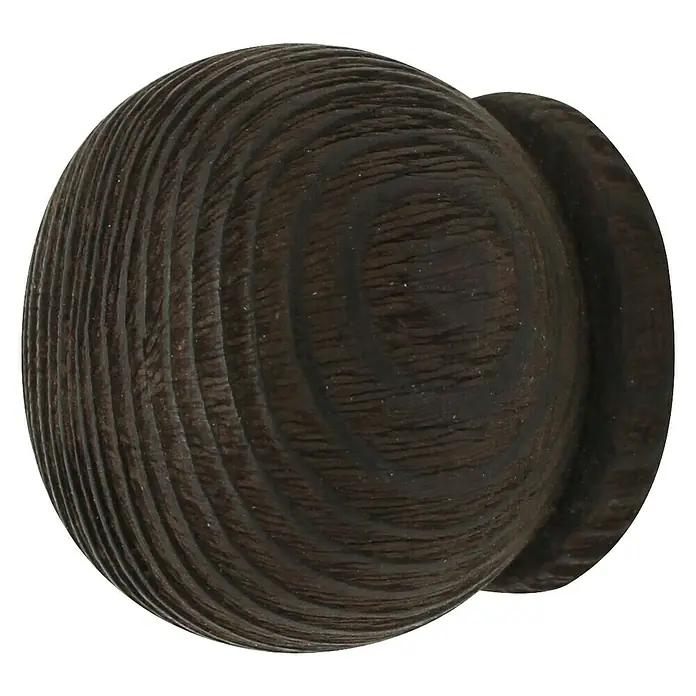 Expo Ambiente Endstück Rill-Ball - 2 Stk., Wenge, Geeignet für: Gardinenstangen Ø 28 mm - Nahaufnahme eines hölzernen Möbelknaufs in dunkler Farbe mit sichtbarer Holzmaserung.