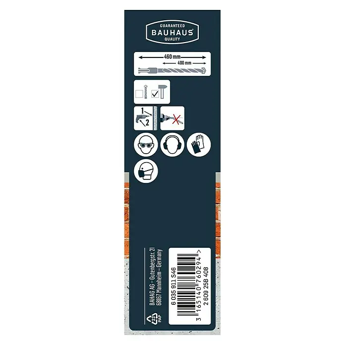 Craftomat Broca para hormigón SDS-Plus - Largo: 460 mm, Diámetro de la broca: 14 mm - Embalaje del producto con la garantía de calidad BAUHAUS, dimensiones (460 mm/400 mm), advertencias de seguridad y código de barras.