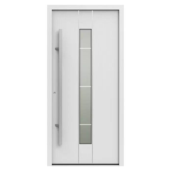 Gerda Haustür Thermo Prime 75 Lugano - 100 x 210 cm, DIN Anschlag: Links, Weiß, Details in Edelstahl - Moderne weiße Eingangstür mit vertikalem Glaseinsatz und langem silbernen Stangengriff.