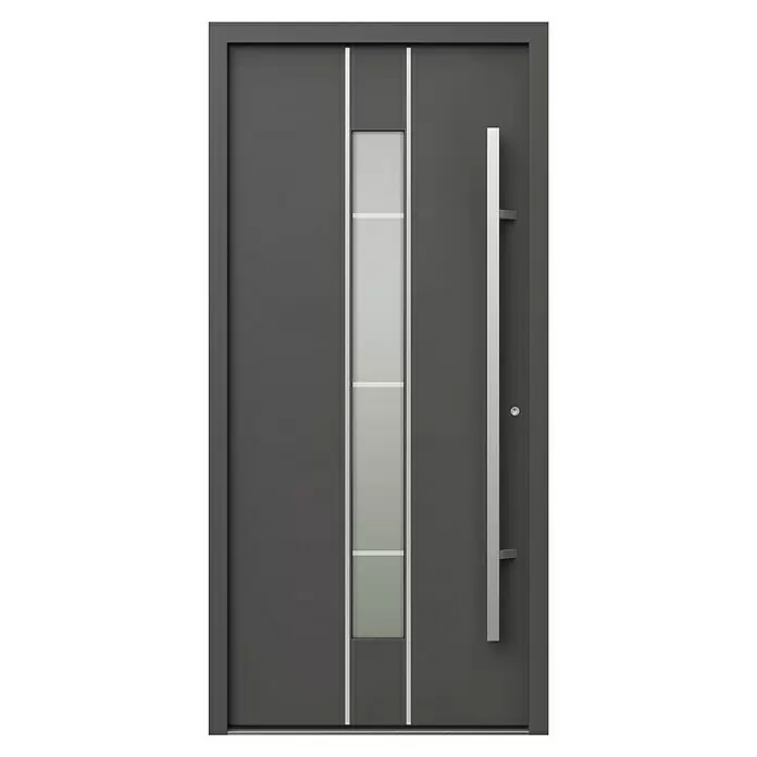 Gerda Haustür Thermo Prime 75 Lugano - 100 x 210 cm, DIN Anschlag: Rechts, Anthrazitgrau, Details in Edelstahl - Moderne anthrazitfarbene Eingangstür mit vertikalem Milchglaspanel und langem silbernem Stangengriff.