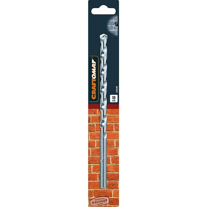 Craftomat Beton- & Steinbohrer - 1 Stk., Durchmesser Bohrer: 10 mm, Länge: 200 mm - Nahaufnahme eines Craftomat 10mm Steinbohrers vor einem Backsteinhintergrund, ideal zum Bohren in Mauerwerk mit Bauhaus-Qualitätsgarantie.