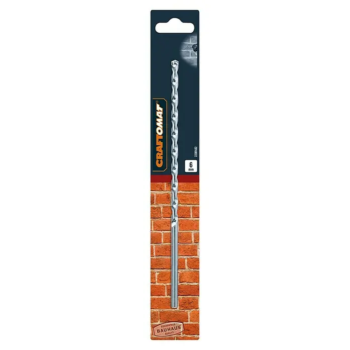 Craftomat Beton- & Steinbohrer - 1 Stk., Durchmesser Bohrer: 6 mm, Länge: 200 mm - Das Bild zeigt einen 6 mm Craftomat Steinbohrer in einer Verpackung mit Ziegelmauerwerk-Design. Ideal für präzise Bohrungen in Mauerwerk.