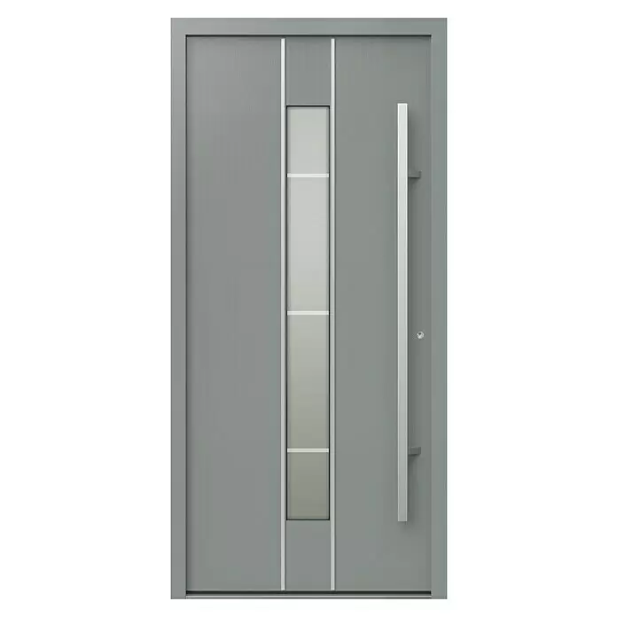 Gerda Haustür Thermo Prime 75 Lugano - 100 x 210 cm, DIN Anschlag: Rechts, Grau, Details in Edelstahl - Moderne graue Eingangstür mit vertikalem Glaseinsatz und langem silbernem Stangengriff.