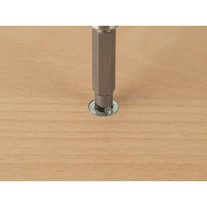 Wolfcraft Schraubenausdreher-Satz - 2 -tlg. - Das Bild zeigt einen Dübel, der bündig in eine Holzoberfläche eingelassen ist und von einem Sechskant-Bit-Werkzeug gehalten wird.