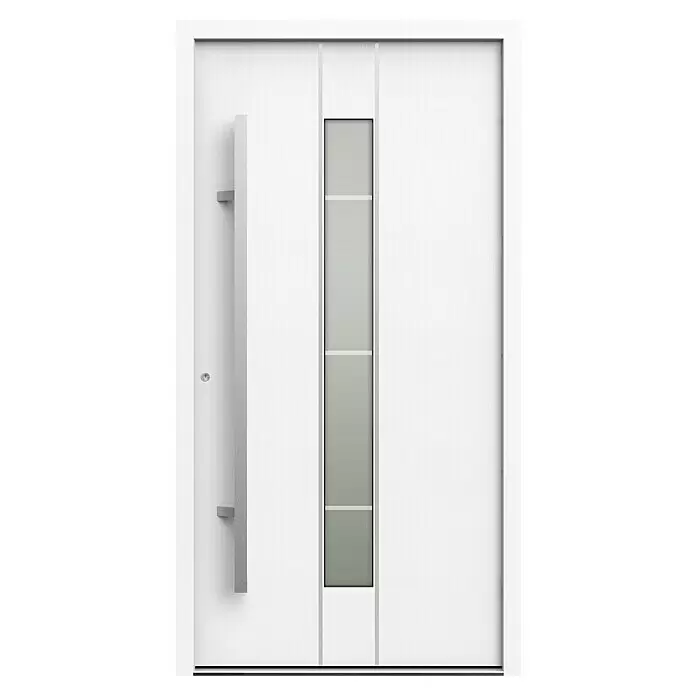 Gerda Haustür Thermo Prime 75 Lugano - 110 x 210 cm, DIN Anschlag: Links, Weiß, Details in Edelstahl - Moderne weiße Eingangstür mit Textur, langem grauem Griff und vertikalem Milchglaseinsatz.