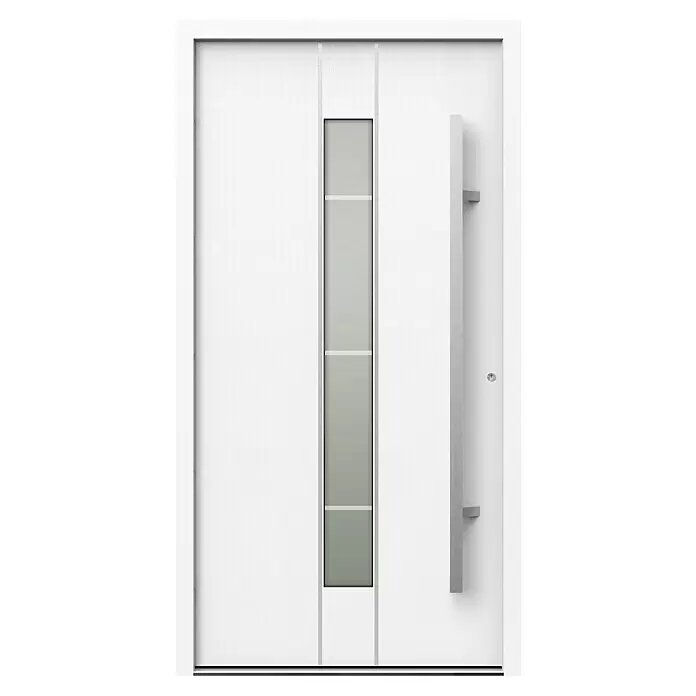 Gerda Haustür Thermo Prime 75 Lugano - 110 x 210 cm, DIN Anschlag: Rechts, Weiß, Details in Edelstahl - Moderne weiße Haustür mit vertikaler Milchglasscheibe, langem Stangengriff und Schloss.