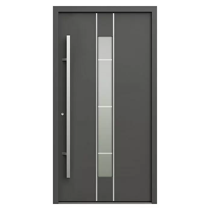 Gerda Haustür Thermo Prime 75 Lugano - 110 x 210 cm, DIN Anschlag: Links, Anthrazitgrau, Details in Edelstahl - Moderne dunkelgraue Haustür mit langem silbernem Griff und vertikalem Milchglasfeld mit horizontalen Unterteilungen.