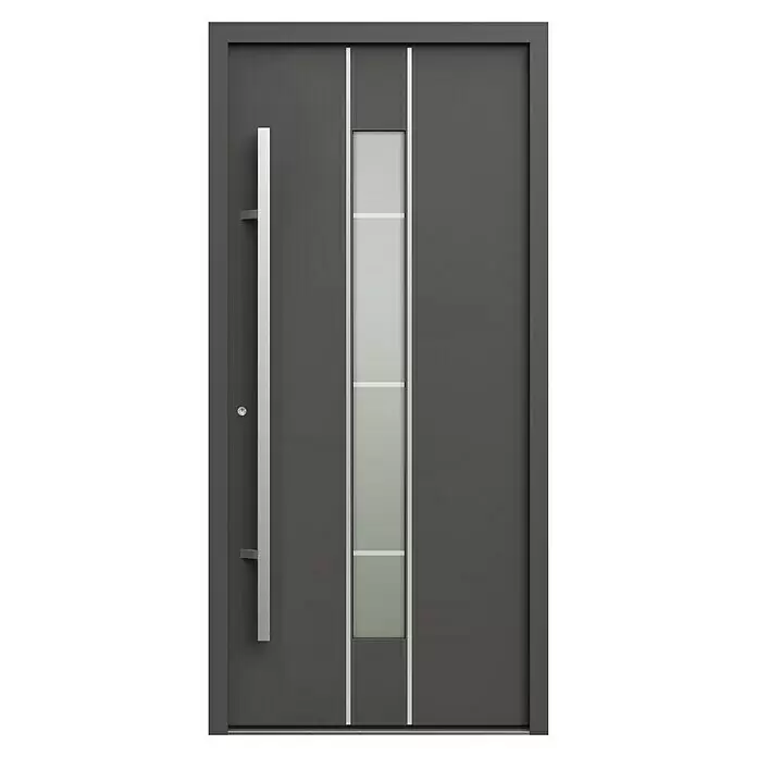 Gerda Haustür Thermo Prime 75 Lugano - 100 x 210 cm, DIN Anschlag: Links, Anthrazitgrau, Details in Edelstahl - Moderne anthrazitfarbene Haustür mit vertikalem Milchglaseinsatz und langem Edelstahl-Stangengriff.